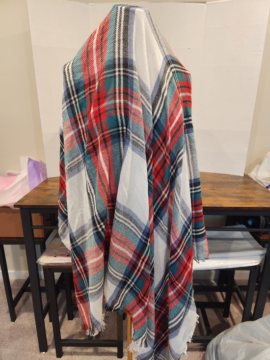 Accessories - Plaid Fringe Scarf Red, Blue & White